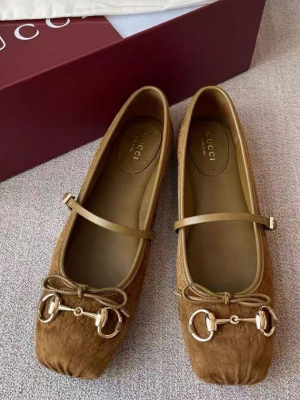 Gucci Brown GG Suede Horsebit Bow Square Toe Mary Jane Flats
